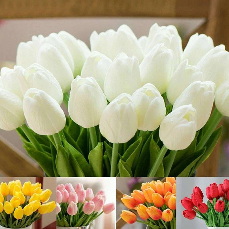 White artificial tulip bouquet with green stems