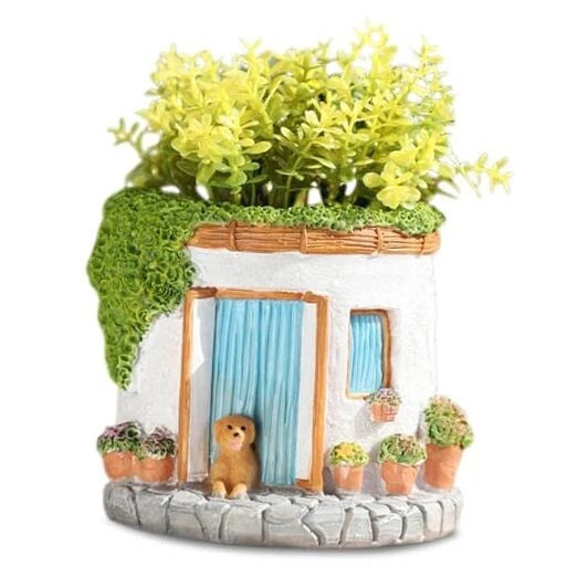 House-shaped plant pot with blue window/door detail and green moss top