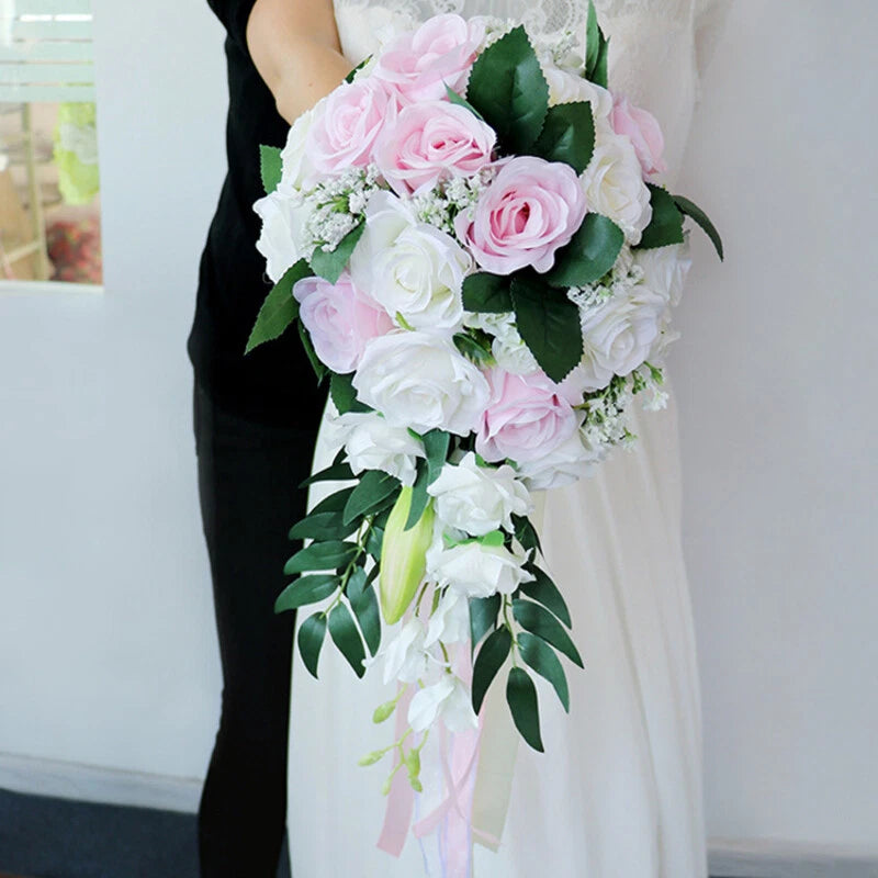 Bridal Artificial Rose Bouquet Silk Flowers  Drop Shape Bridesmaid Luxury Decor Bouquet