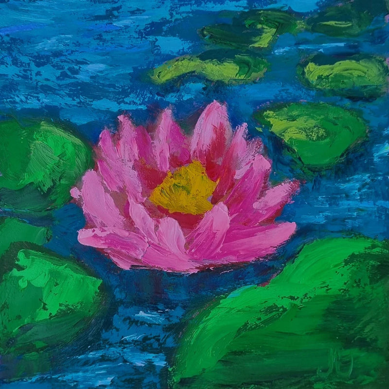 Pink water lily oil painting with thick impasto petals and yellow center on blue-green pond