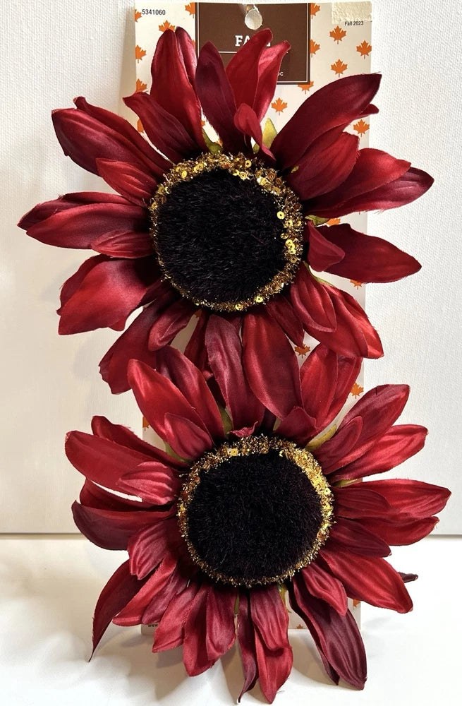 Set of 2 artificial red sunflower ornaments with dark, fuzzy centers