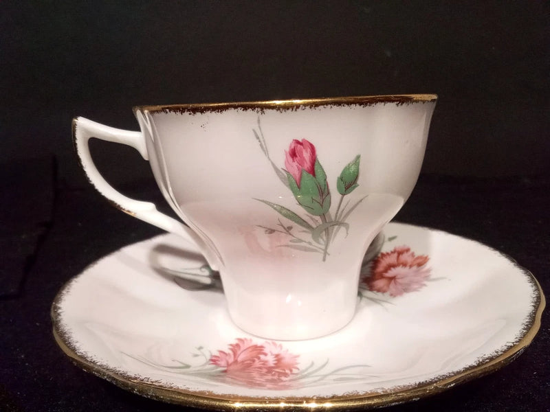 Jason Bone China England Carnation Flower Cup and Saucer with Gold Trim - Mint Carnation