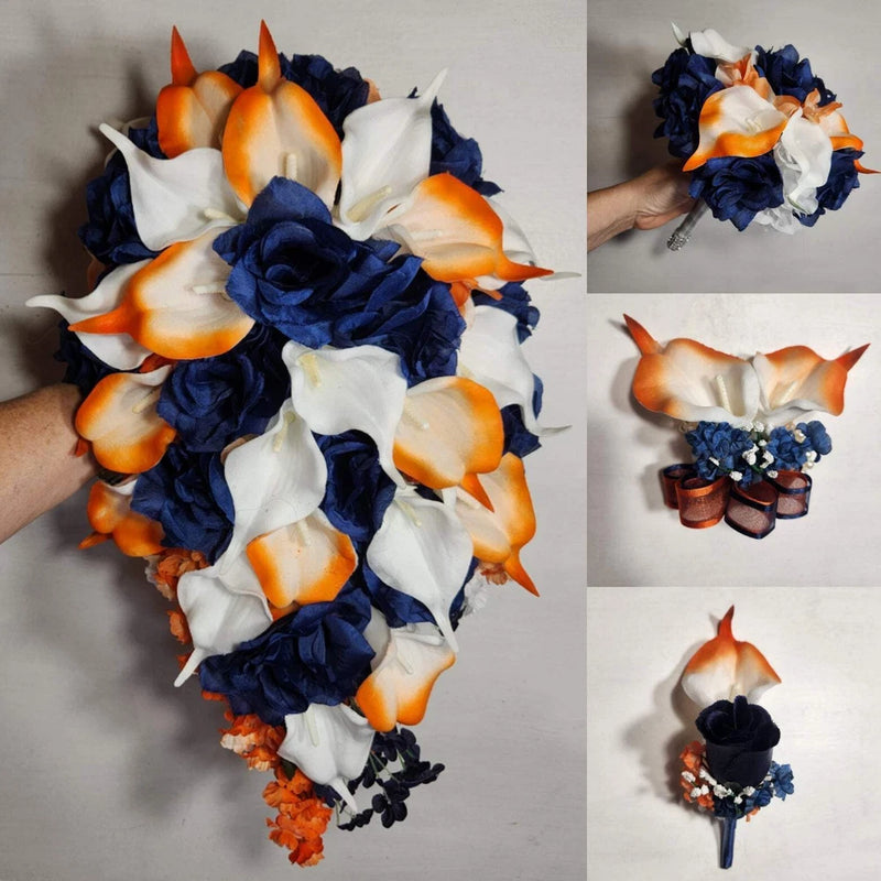 Orange Navy Blue Rose Calla Lily Bridal Wedding Bouquet Accessories Bouquet
