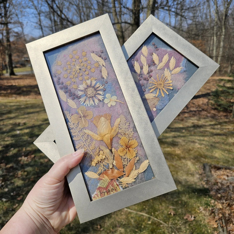 Set of 2 framed pressed flower art with purple background and gold dried blooms