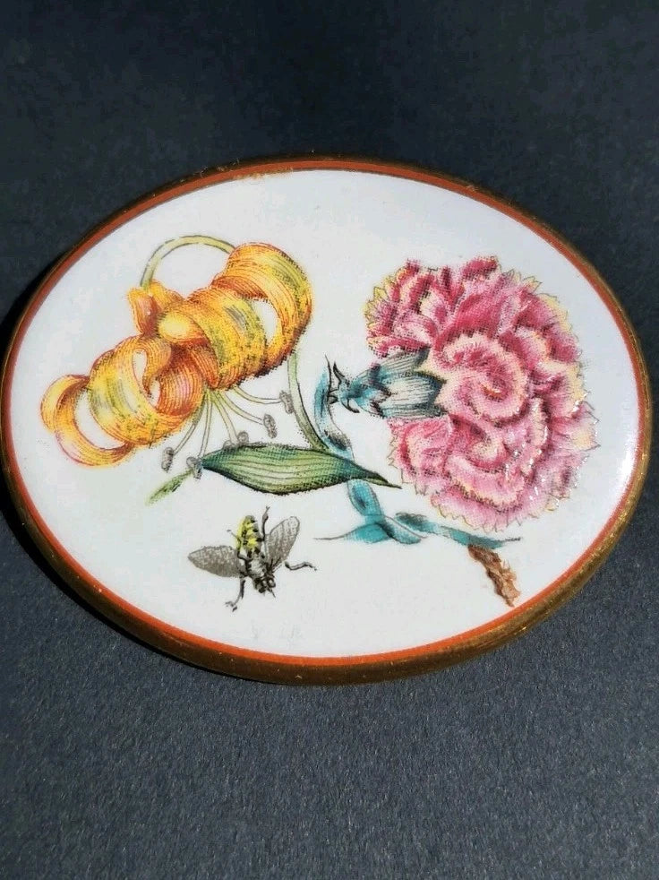 Mottahede Porcelain Bee, Lily & Carnation Flower Gold Edge Brooch Hand Painted Carnation