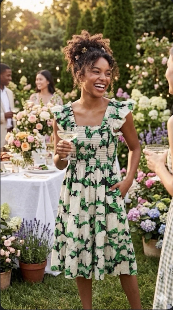 Hill House Ellie Nap Dress Small Green Hydrangea Midi Smocking Ruffle Coquette Hydrangea