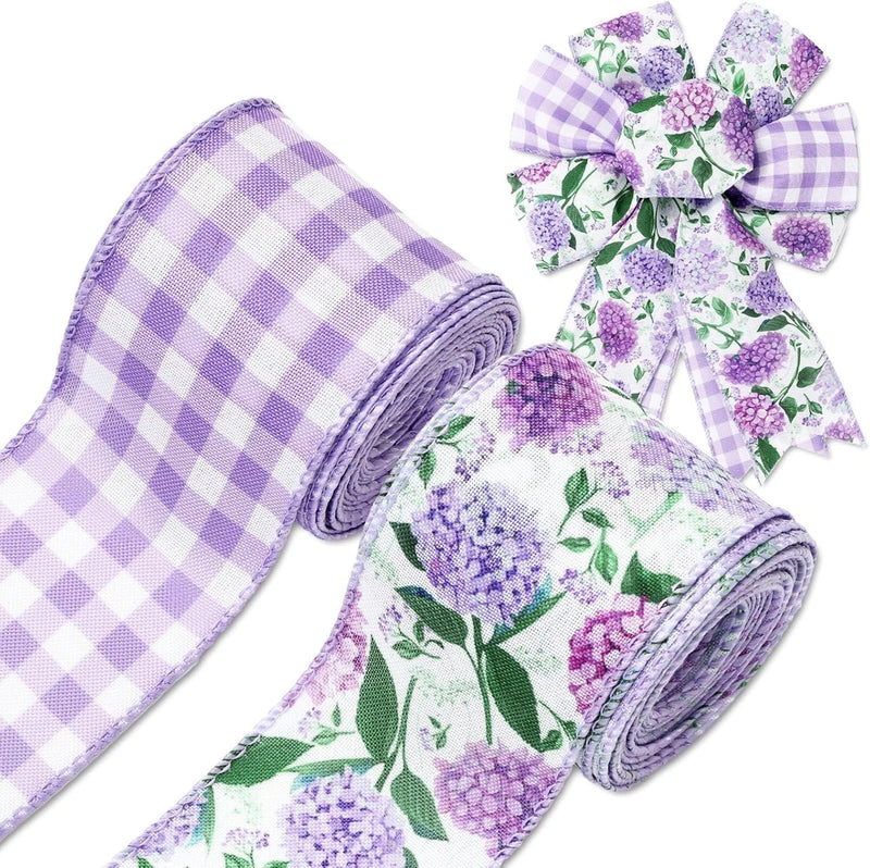 Hydrangea Flower Wired Edge Ribbon 2.5 Inch Purple Floral Fabric Craft Ribbon  G Hydrangea