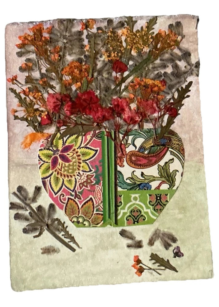 Pressed flower art card with dried blooms on textured 3x4 cardstock