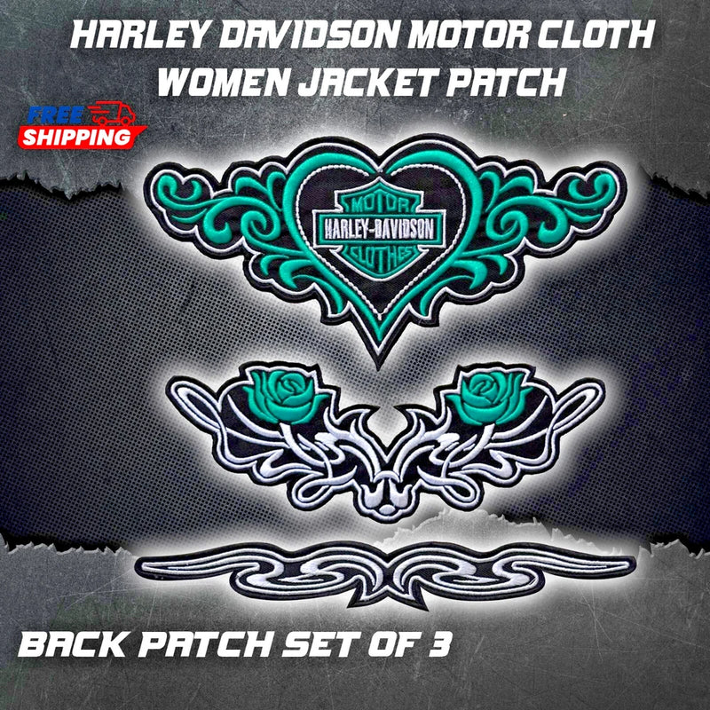 Embroidered biker rose motorcycle patch set, teal and green designs, iron-on or sew-on