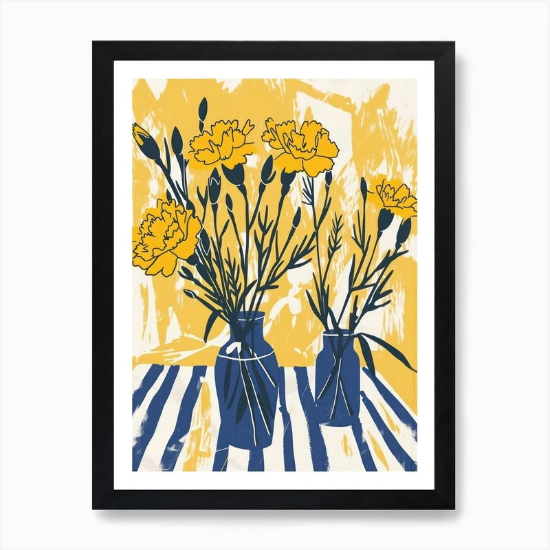 Framed floral wall art with yellow carnations in blue vases, abstract paint style