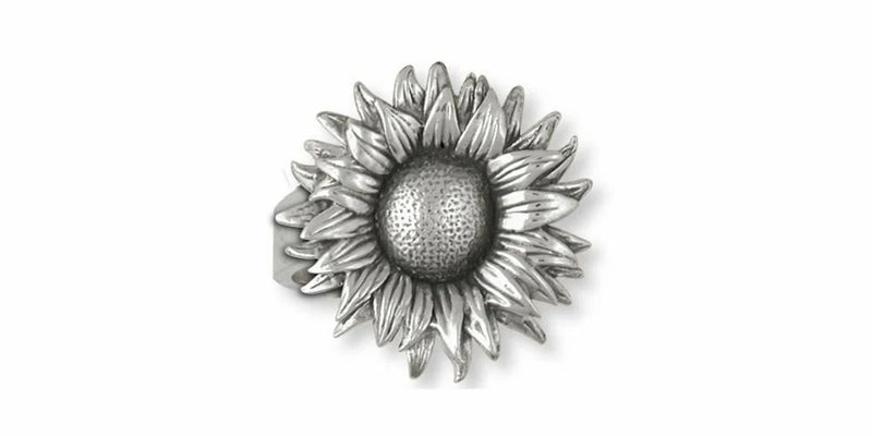 Sterling silver sunflower ring with textured metal petals and center