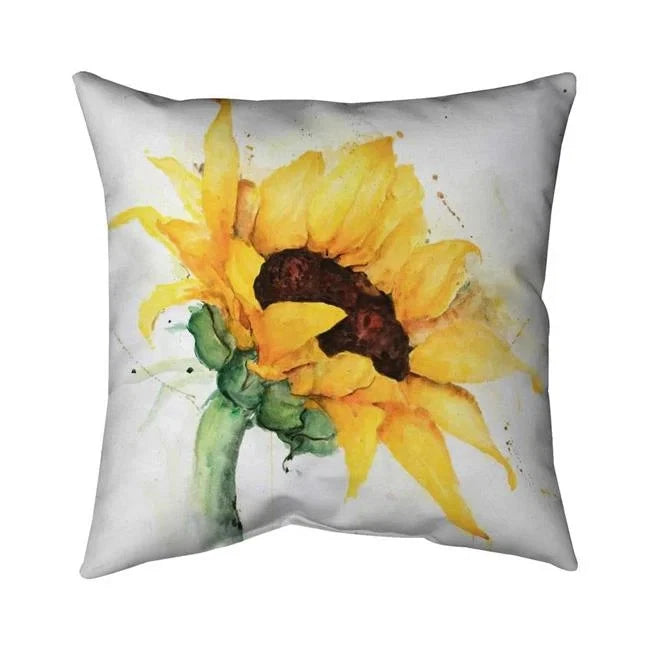 Watercolor sunflower throw pillow with yellow bloom and green leaves on light gray