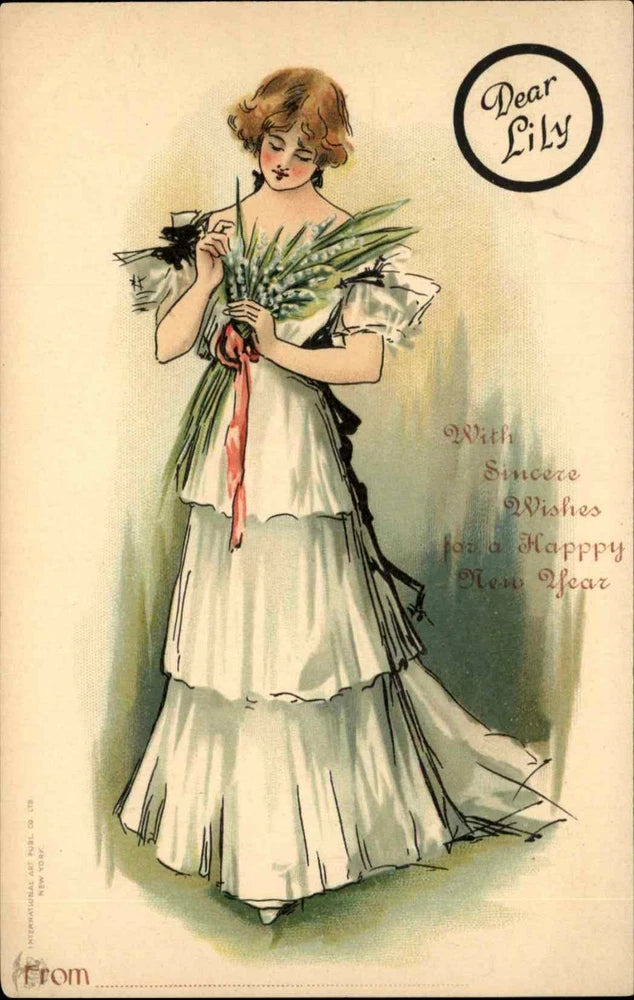Vintage postcard illustration of a woman in a light dress holding green flowers
