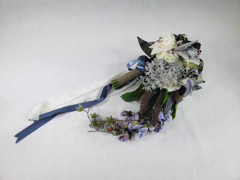 Bridal Bouquet 12 Inch Cascading Wedding Bouquet, Blue - WITH DEFECTS Bouquet