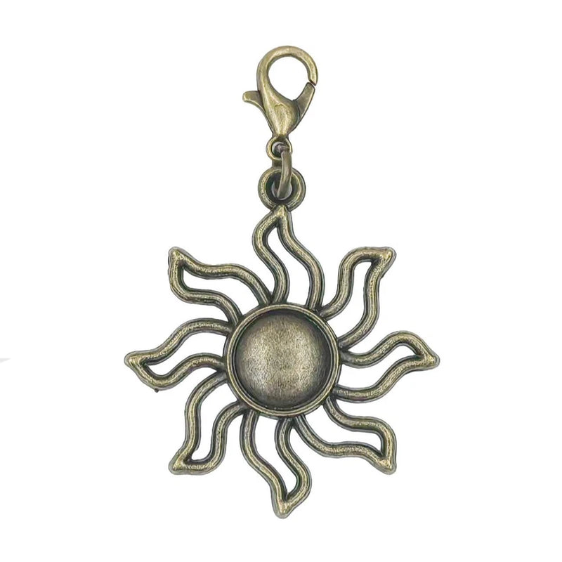 Sunflower charm pendant with bail and loop, antique gold tone metal, 48mm