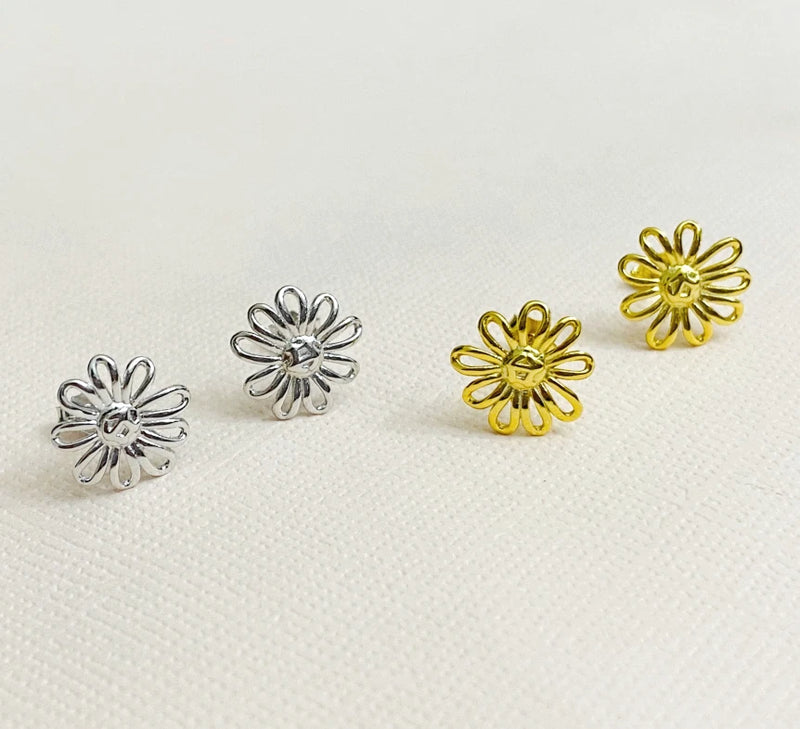 Sunflower stud earrings in hollow metal petals, silver-tone and gold-tone finishes