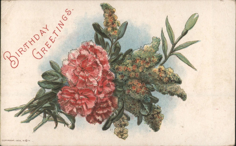 Vintage birthday greeting card with red carnations and green foliage bouquet