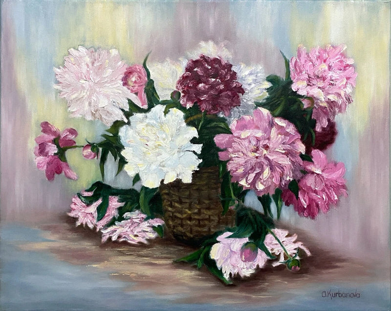 Floral oil painting of pink and dark red peonies in a wicker basket