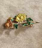 Sunflower Bouquet Brooch Pin Gold Tone Enamel Gold Green C23-7 Sunflower