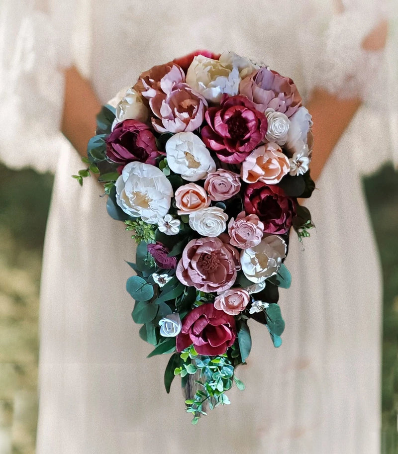 Mauve Pink Burgundy Cascade Sola Wood Bridal Bouquet Artificial Wedding Flowers Bouquet