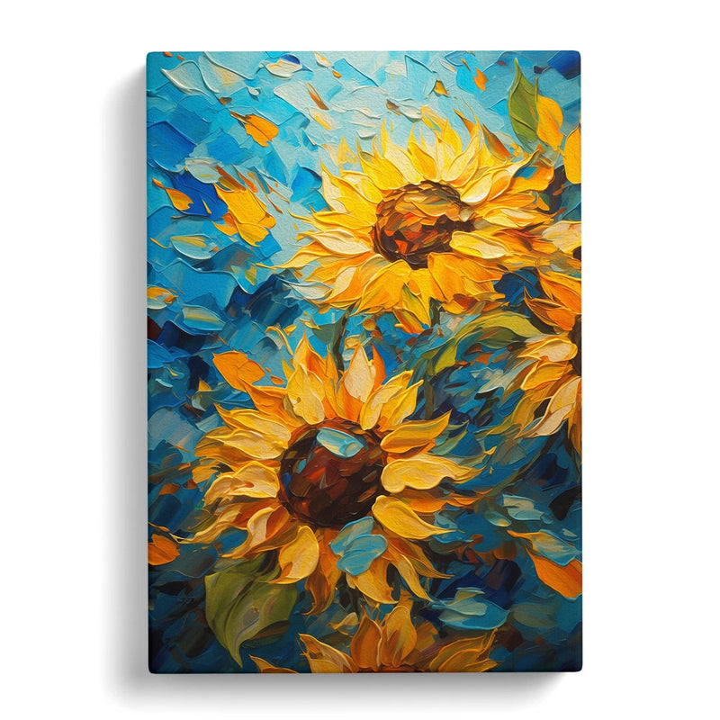 Framed canvas wall art print with impressionist yellow sunflowers on blue background.