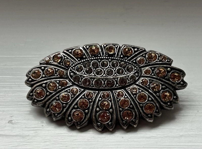 Vintage Sunflower Brooch Brown Crystals. Sunflower
