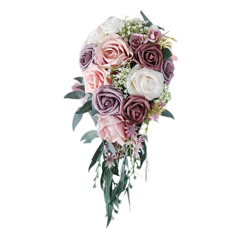 Artificial cascading bridal bouquet with mauve, pink and white roses and green foliage