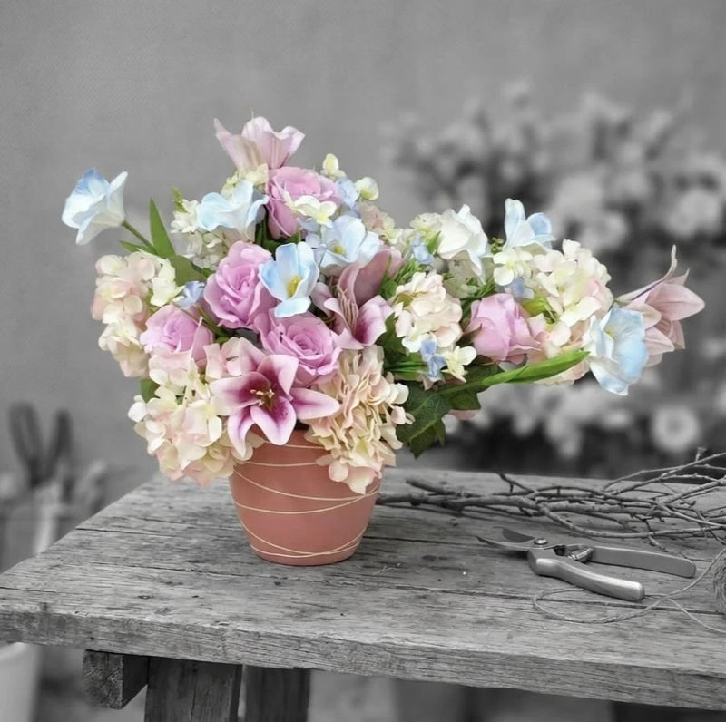 Cottagecore Wildflower Table Arrangement  Asymmetrical Silk Floral ikebana Style Hydrangea