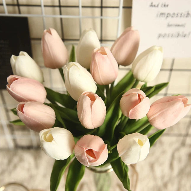 Artificial tulip flower stems, pale pink and cream blooms with green leaves