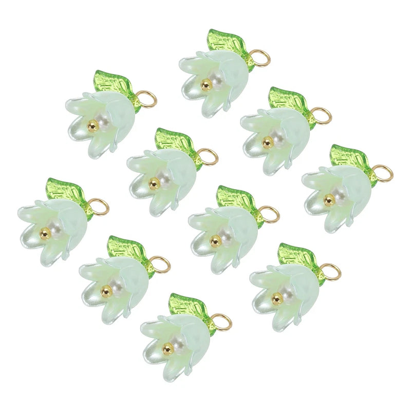 Lily of the valley acrylic flower charms, green/white, gold loops (10-pack)