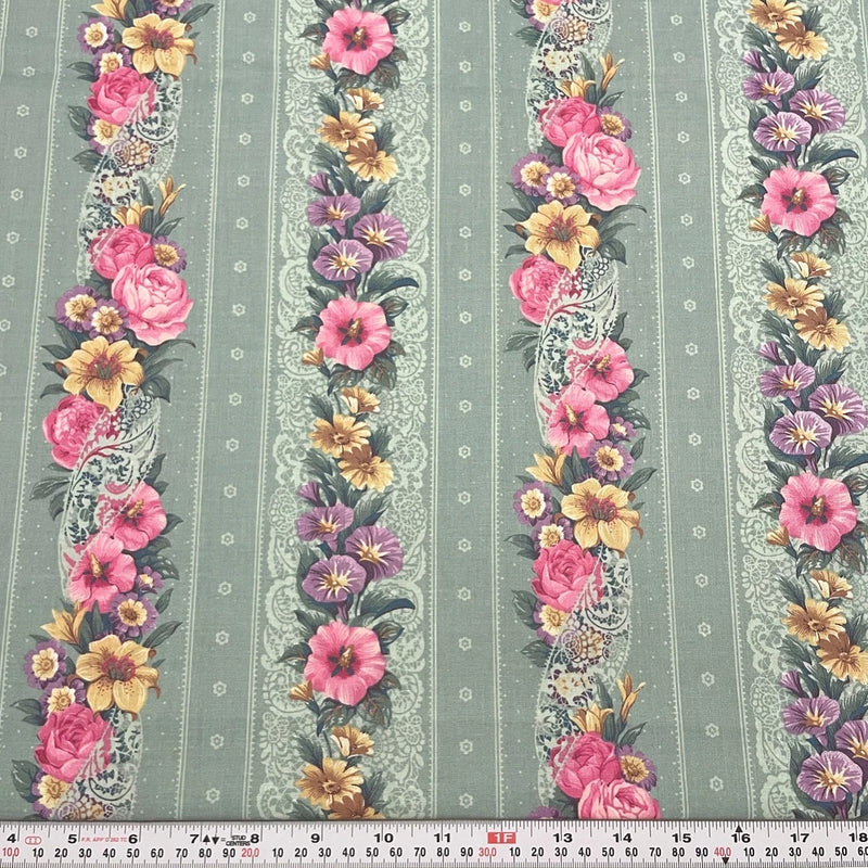 Vintage Cranston Striped Florals Muted Light Teal Cotton Fabric by the HALF YARD Flowering Plants