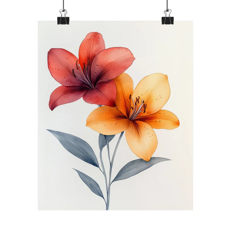 Lily art print poster with two orange and red blooms and green leaves