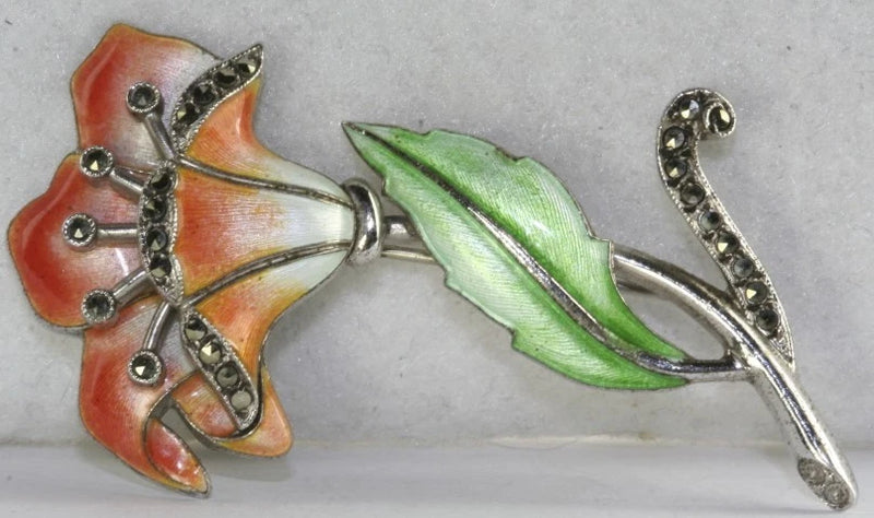 VTG STERLING SILVER ENAMEL LILY FLOWER MARCASITE PIN Lily