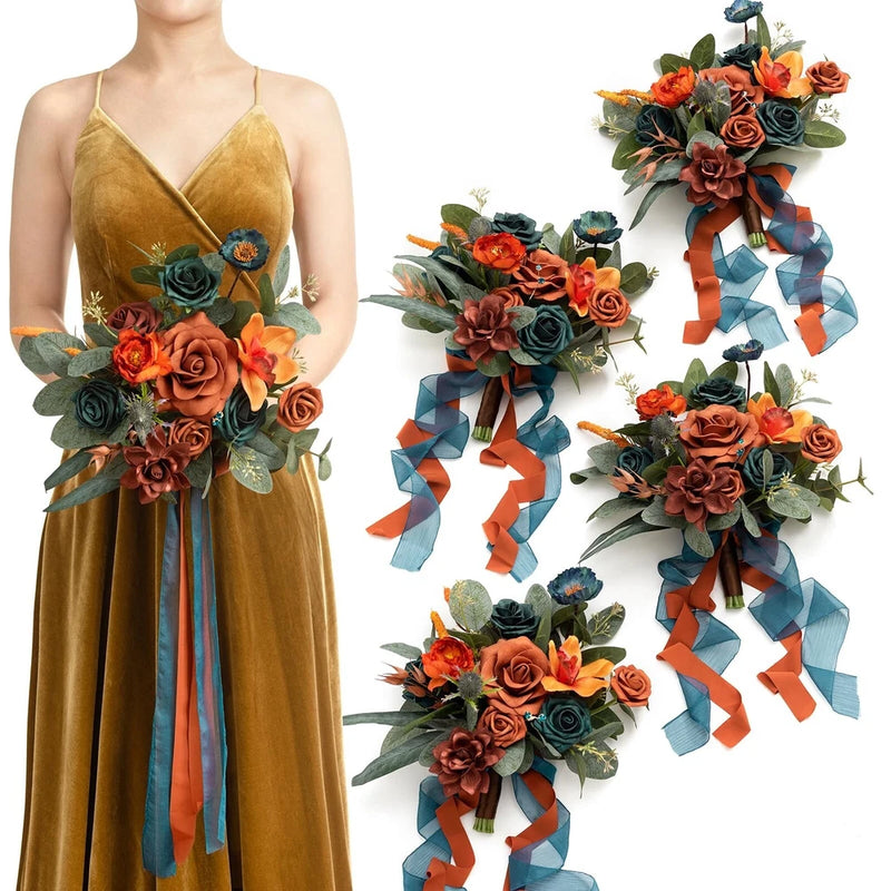 Ling's Moment Artificial Flowers Teal and Orange Bridesmaid Bouquet Set of 4,... Bouquet