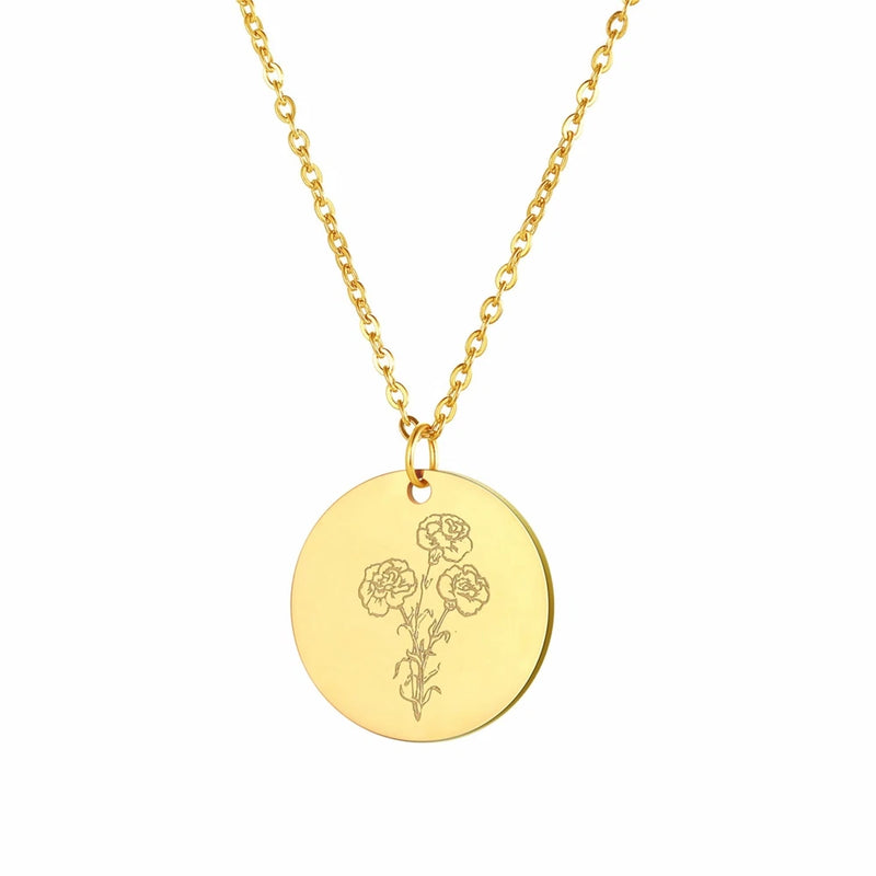 Women Stainless Steel Birth Month Flower Necklace Round Pendant Chain Gold Carnation