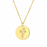 Women Stainless Steel Birth Month Flower Necklace Round Pendant Chain Gold Carnation