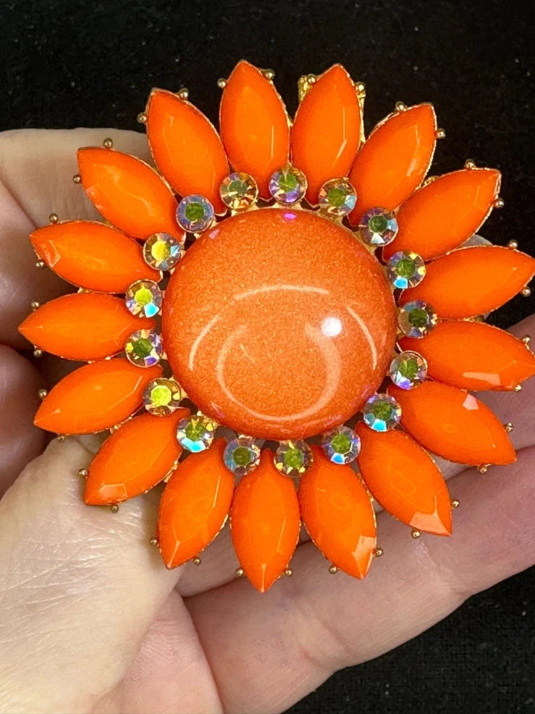 Flower Daisy Sunflower Orange Navette AB Rhinestones Vintage Gold Brooch M-5746 Sunflower