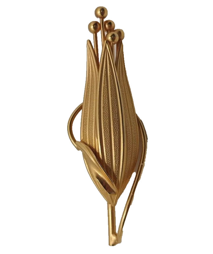 Vintage 60's Lily of the Valley Brooch Lapel Pin Gold Tone Closed Pod 3" Lily