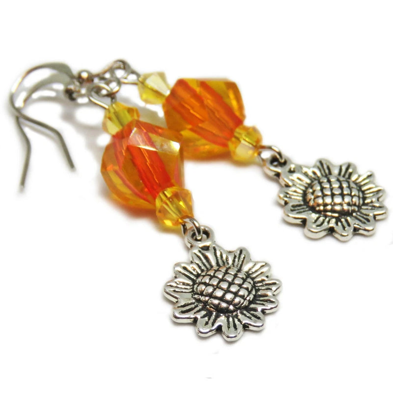 Sunflower bead earrings with silver-tone drops and orange-yellow glass beads