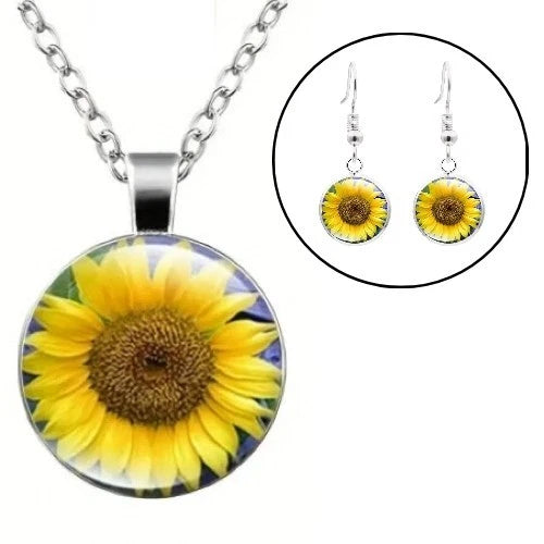 Sunflower glass pendant necklace with matching sunflower drop earrings, silver chain