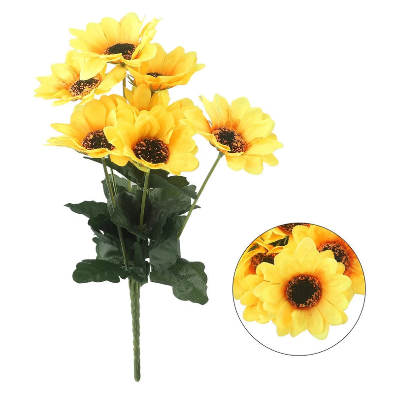 Artificial sunflower bunch with three yellow blooms, dark centers, and green leaves on stems