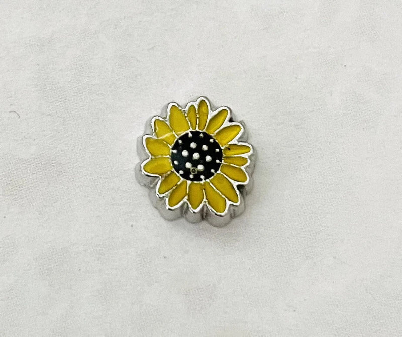 Silver sunflower floating charm with yellow petals and black center enamel detail