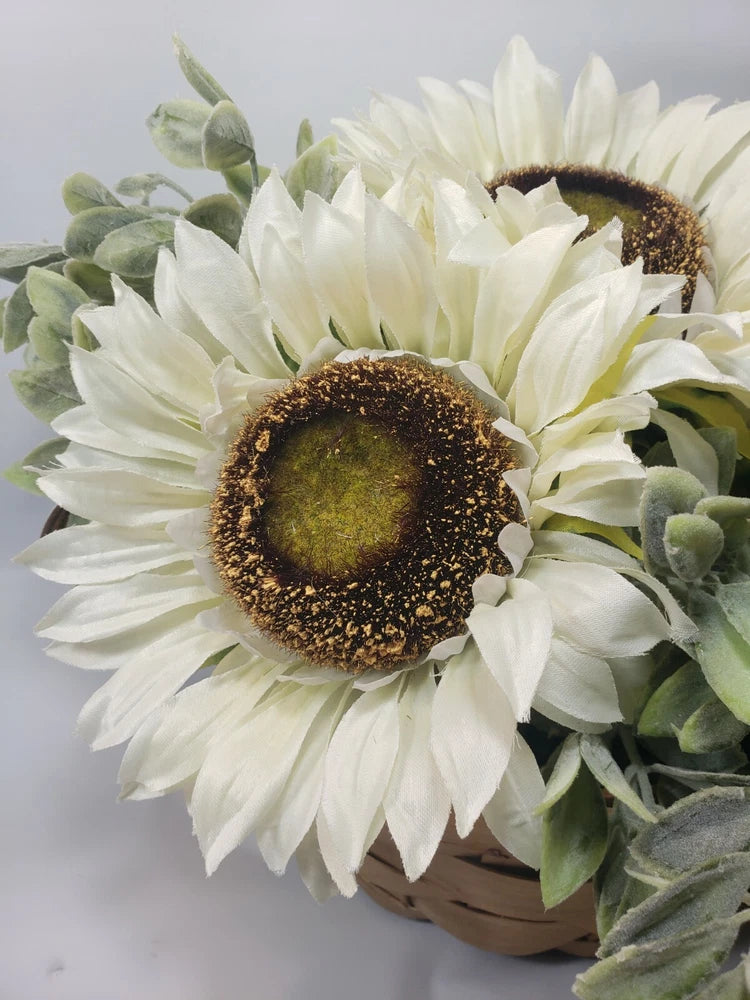 Artificial sunflower and mixed flowers arrangement with white petals, brown centers, green leaves