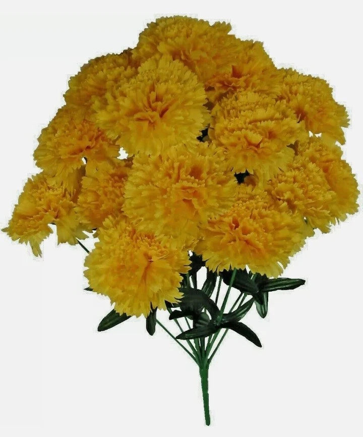 Artificial silk carnation bush with yellow flower heads and green stems