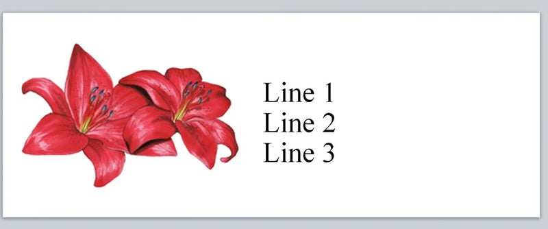 Personalized address labels with red lily flowers and three lines of text