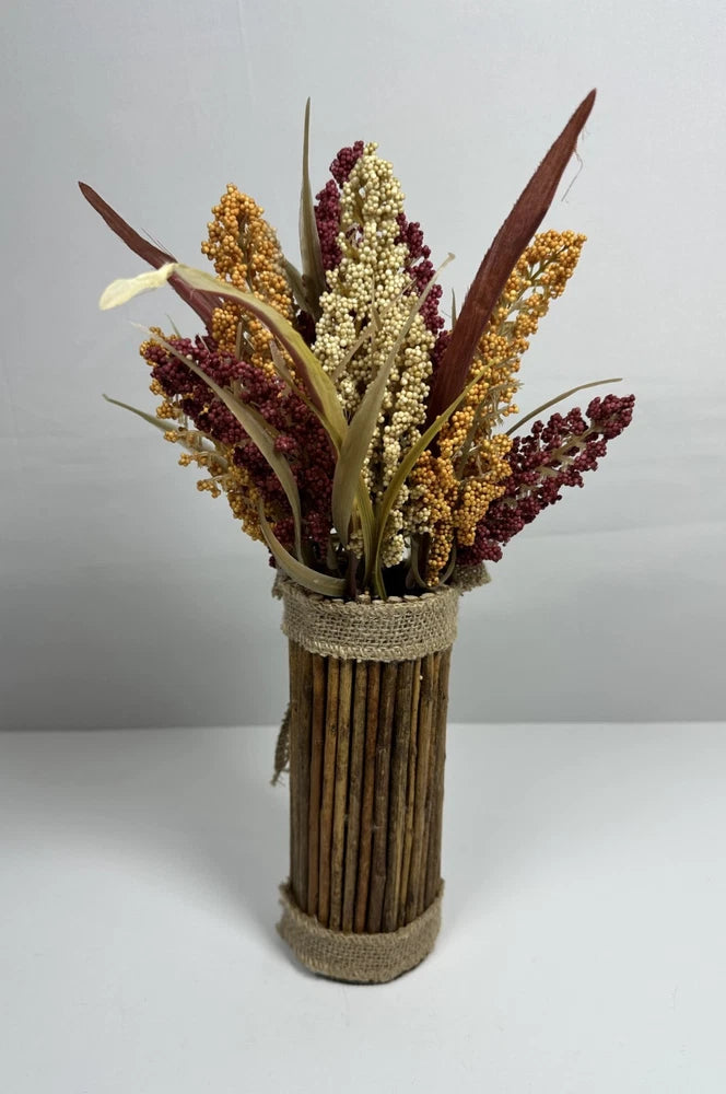 Rustic Dried Sorghum Arrangement in Burlap-Wrapped Wood Vase Ð Autumn Farmhouse Dried Flower