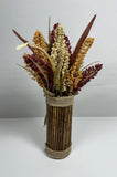 Rustic Dried Sorghum Arrangement in Burlap-Wrapped Wood Vase Ð Autumn Farmhouse Dried Flower