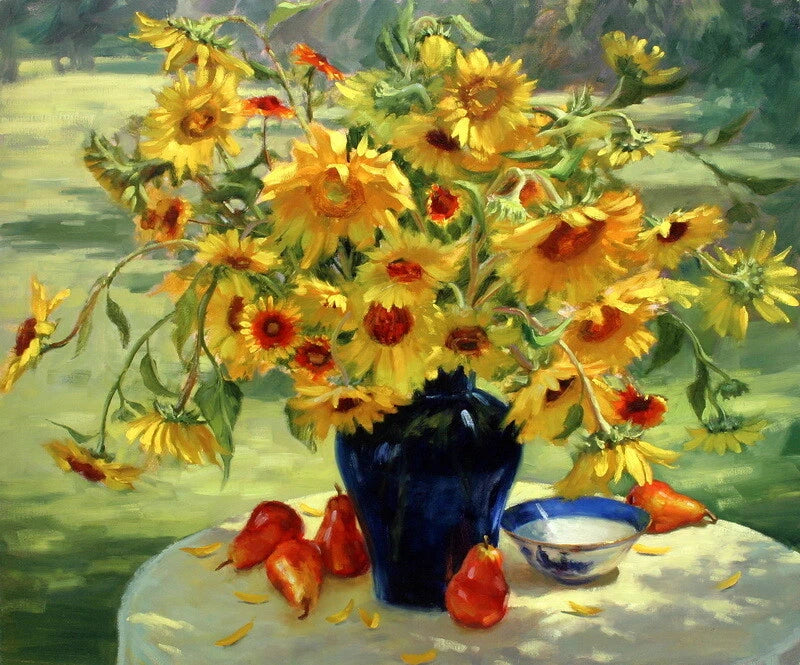 Sunflower flower art giclee print painting with yellow sunflowers in a dark blue vase