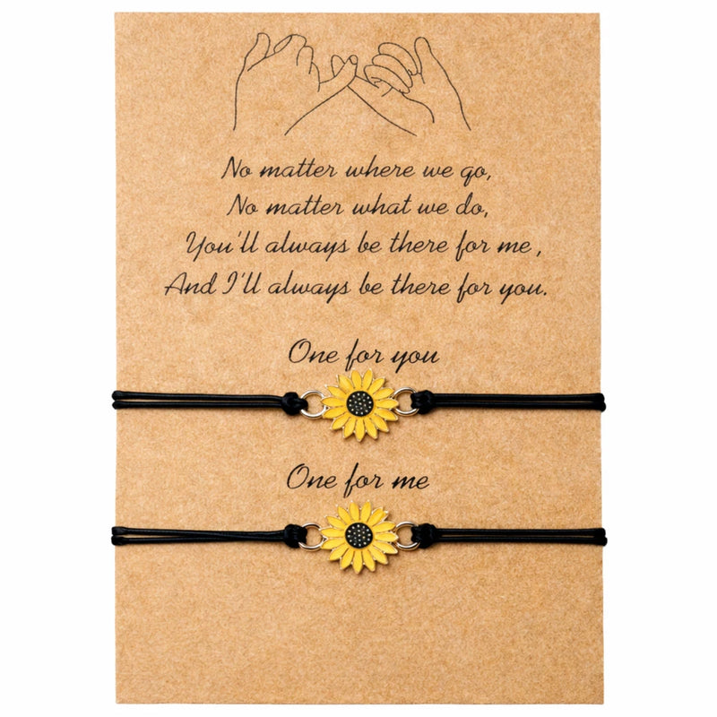 Adjustable sunflower friendship bracelet set with two black cords and yellow flower charms