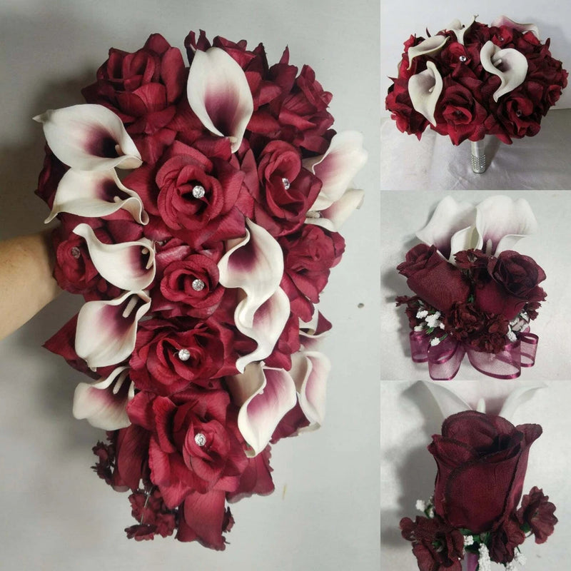 Burgundy Rose Calla Lily Bridal Wedding Bouquet Accessories Bouquet